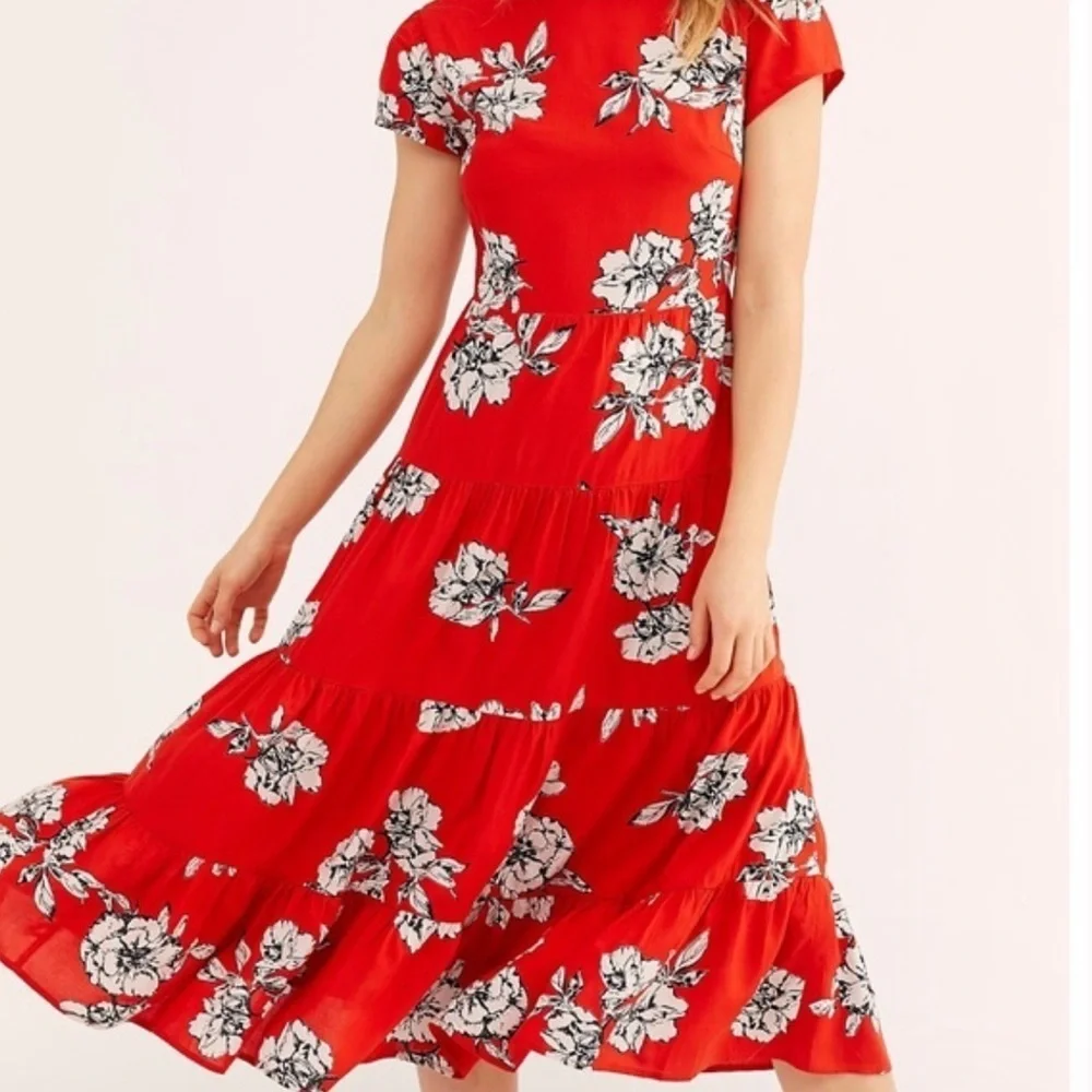Free People Red Rita Tiered Midi Dress Small